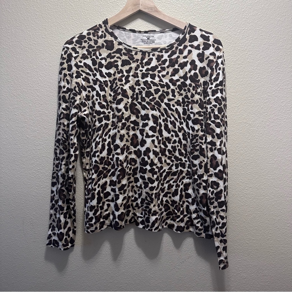 Jones New York Sport Chetah Print Long Sleeve Shirt Sz Medium Brown/White/Black